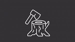 Deforestation white line animation. Animated tree stump, axe icon. Forest degradation and exploitation. Chopping wood. Isolated illustration on dark background. Transition alpha video. Motion graphic