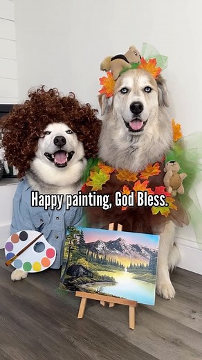 Champ & Tyson on Instagram: "We don’t make mistakes, we have happy accidents. 👨🏻‍🎨 🎨 Bob Ross and happy little tree. 🌳 #dogs #huskies #goldenretriever #goberian #bobross #happylittletrees #dogcostume #halloween"