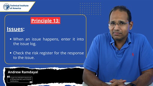 𝐏𝐫𝐢𝐧𝐜𝐢𝐩𝐥𝐞 𝟏𝟑: 𝐌𝐚𝐧𝐚𝐠𝐢𝐧𝐠 𝐈𝐬𝐬𝐮𝐞𝐬 𝐄𝐟𝐟𝐞𝐜𝐭𝐢𝐯𝐞𝐥𝐲 1. When an issue happens, enter it into the issue log. 2. Check the risk register for response to issue. When an issue occurs, the first step is to record it in the issue log. Documentation ensures visibility, accountability, and tracking until resolution. Next, review the risk register to determine if a planned response already exists. Many issues are realized risks, and the register often contains predefined strategi