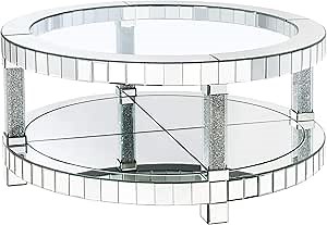 Benjara Round Mirrored Coffee Table with Faux Diamond and Bottom Shelf, Silver