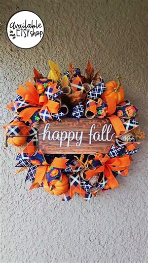 Happy Fall Pumpkin Wreath – Orange & Navy Autumn Door Decor🧡 🍂 Brighten your front door with this handmade fall wreath featuring pumpkins, plaid navy and orange bows, and a rustic “Happy Fall” sign. Perfect for welcoming autumn with cozy farmhouse charm. Available now in my Etsy shop. 🍁✨ #HappyFall #FallDecor #PumpkinWreath #AutumnVibes #FallWreaths