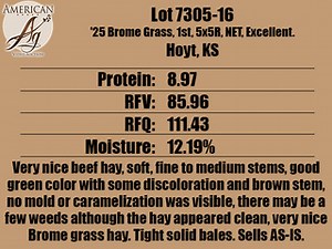 Lot 7305-16 - '25 Brome Grass 1st 5x5R Net Excellent. Hoyt, KS: American Ag Video Auction - Nationwide Hay Auction