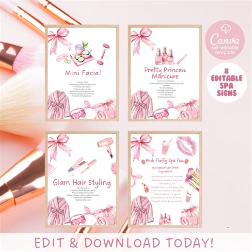 Editable Spa Party Signs Bundle, Pink Spa Party Collection, Pamper Party Table Signs, Spa Birthday Template, Birthday Glam Spa Party Menu - Etsy