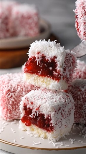 Strawberry Coconut Jam Squares 🍓 These strawberry coconut jam squares take me straight back to old-fashioned bakery treats I grew up loving. Soft vanilla cake, a sweet strawberry center, and that snowy coconut coating make every bite tender and comforting. I especially love making these around Valentine’s Day because the pink centers feel festive and homemade in the sweetest way. Save this one or share it with someone who loves nostalgic desserts. Yield: 16 soft squares Ingredients: 1 cup unsal