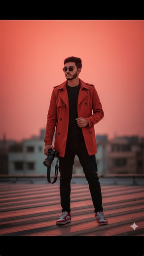 Good afternoon PROMPT A bold rooftop portrait captured under deep red-orange sunset light. The man wears a rust-red Burberry trench jacket, black joggers with subtle red seams, and white-and-red Jordan 1 sneakers. His Canon EOS R5 with 85mm f/1.2 lens rests in his right hand, strap wrapped casually around his wrist. The sunset sky bleeds into the metallic roof, reflecting the warm tones on his jacket. The entire scene feels powerful, cinematic, and fashion-forward, blending street grit with luxu