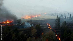 Aerial footage captured by a drone flying over a burning forest. The video reveals flames engulfing trees and smoke billowing into the sky, illustrating the destructive force of wildfires.
