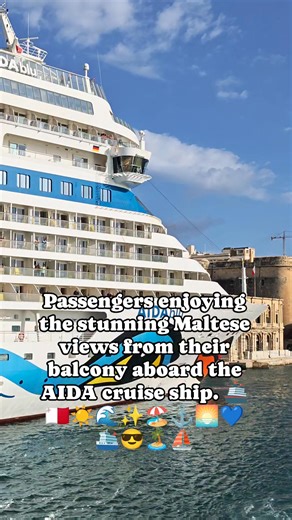 🌅🚢🇲🇹 The magnificent AIDA cruise ship was spotted docked in the stunning Grand Harbour of Valletta, Malta! 🏝️✨ Bathed in warm sunshine and framed by the island’s golden limestone fortifications 🏰, the ship’s bright white hull and signature blue wave design 🌊 stand out beautifully against the sparkling turquoise sea 💎. Passengers enjoy the gentle Maltese breeze 🌬️ from the upper decks, taking in breathtaking views of Valletta’s historic skyline 🏖️. A perfect moment capturing the charm o
