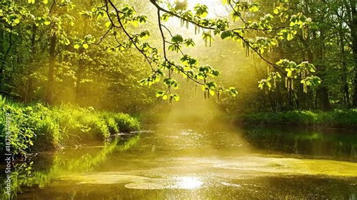 Hazy Spring Landscape Wide, panoramic shot of a serene spring landscape (e.g., a field with distant trees or forest edge) with a visible, soft golden or