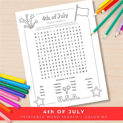 4th of July Word Search for Kids, Printable Coloring Activity Sheet, Independence Day Game, Summer Classroom Activity, Kids Puzzle PDF - Etsy UK
