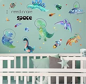 Yovkky Boys Space Dinosaurs Astronauts Wall Decal, Funny Peel Stick Dino Animal Planet Stickers Nursery Spaceship Rocket Decor, Home Baby Room Decorations Kids Bedroom Playroom Art Party Supply Gift