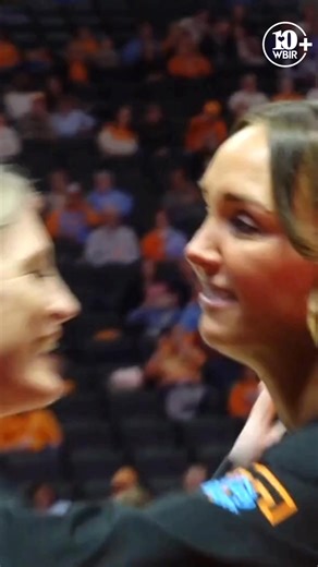 Lady Vols coach Kim Caldwell met former head coach Kellie Harper on the half-court ahead of tonight's game against Missouri. | WBIR Channel 10