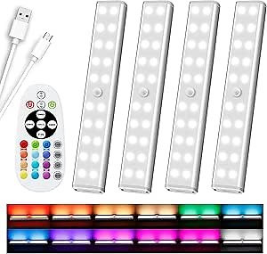 Diomart 48 LED Under Cabinet Lighting Wireless, 15 Colors Changeable Rechargeable RGB Under Cabinet Lights Remote Control Under Counter Lights Mini Night Light Bar for Indoor Display Shelf, 4 Pack