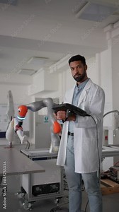 Robotic engineer working on robotic knee replacement surgery project. Concept of robotics, engineering and computer science in healthcare.