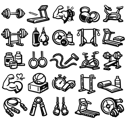 Gym SVG Icons Bundle – 25 Unique Fitness Equipment Illustrations, Bold Black Outline Artwork, Clean White Background, Cricut Silhouette - Etsy