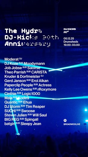 DJ-Kicks: A world exclusive first-time DJ set from Moderat, alongside the debut b2b of DJ Koze and Moodymann — a meeting of two visionaries never before seen. Kruder & Dorfmeiser (best DJ Kicks of all time?) join proceedings, Theo Parrish links with Carista, Job Jobse and Saoirse match up, plus the likes of Kelly Lee Owens, Cinthie and Logic1000 for pairings that blur eras, sounds and generations. Across Drumsheds’ three rooms, with more than 30 artists — the dance becomes a living DJ-Kicks and 
