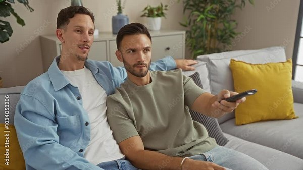 Couple watching television together in living room home with remote control in hand showing love and bonding as they sit on couch relaxing together indoors