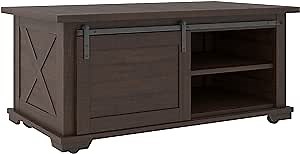 Signature Design by Ashley Camiburg Farmhouse Rectangular Coffee Table with Sliding Barn Doors, Dark Brown