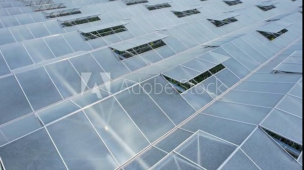 Greenhouse aerial view. Technology for large scale fresh produce for healthy eating of population. Concepts of energy usage infrastructure, food prices inflation, affordability demand, food shortage.