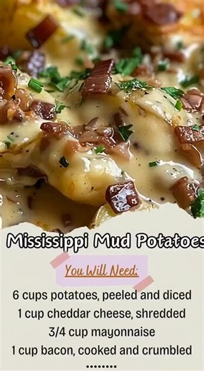 🥔 Mississippi Mud Potatoes Ingredients Potatoes: 2 lbs red or russet potatoes, peeled and cubed (approx. 1/2 inch). The "Mud" (Creamy Base): 1 cup mayonnaise, 2 cups shredded cheddar cheese, and 1/2 cup chopped green onions. Topping: 1 lb bacon, cooked and crumbled. Seasoning: Salt, black pepper, and 1/2 tsp garlic powder. Instructions Prep the Oven: Preheat your oven to 325°F (165°C) and grease a 9x13-inch baking dish. Combine Ingredients: In a large bowl, toss the cubed potatoes with the mayo