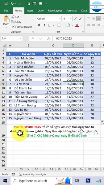 Tính số ngày làm việc bằng hàm NETWORKDAYS trong Excel