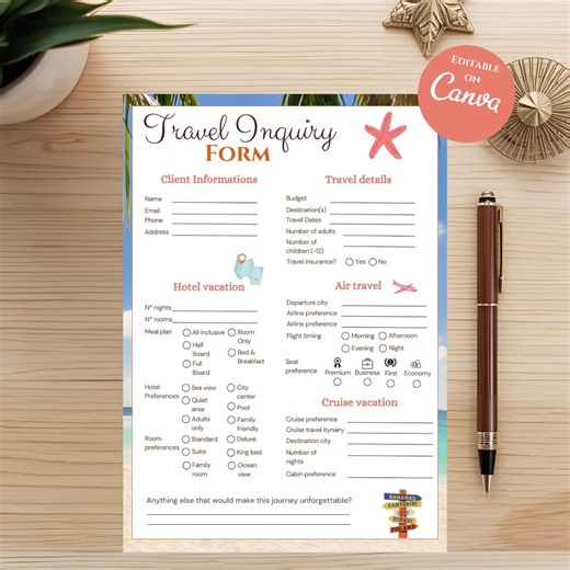 Travel Agency Form Template | Travel Inquiry Form Printable, Travel Business PDF Canva - Etsy