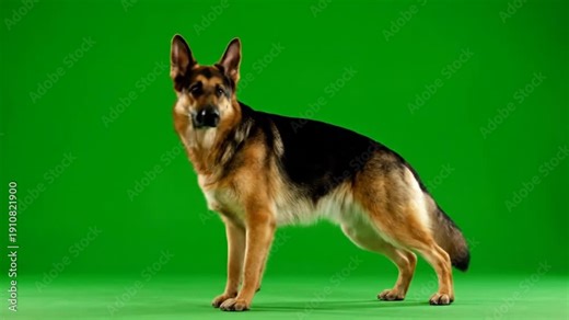 Majestic German Shepherd dog posing elegantly on a vibrant green screen, exuding confidence and loyalty