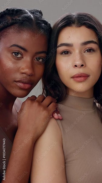 Beauty, face and serious with woman friends in studio together for natural cosmetics or dermatology. Love, portrait and skincare with confident model people hugging for aesthetic, bonding or unity