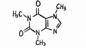 Caffeine chemical formula and molecular structure set in hand drawn animation on white background painted by black pencil. Skeletal chain of stimulant drug having addictive effects on the body