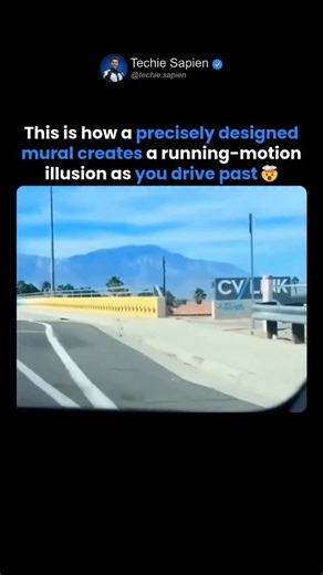 Techie Sapien - AI | Robotics | Next-gen Tech on Instagram: "Genius Roadside Painting Illusion Makes Animals Run in Real Life! 🐾💨 Genius Roadside Painting Illusion Uses Science and Design to Make Animals Look Like They're Running in Real Life! 🐾💨 This roadside installation uses precise spacing, contrast, and frame sequencing to create a striking motion illusion. The wall is painted with multiple animals in progressive motion frames—each slightly different from the last. When a vehicle drives