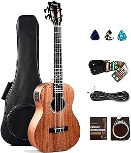 Caramel CB402 Baritone Electric Ukulele All Solid Mahogany Wood 30'' Professional Wood Ukelele Instrument Kit Small Hawaiian Guitar Beginner ukalalee Starter Pack Bundle Gig bag, Strap, String Set
