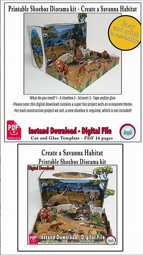 Savanna Diorama Paper craft Printable Shoebox Diorama kit. Create a Savannah Habitat, Paper Template