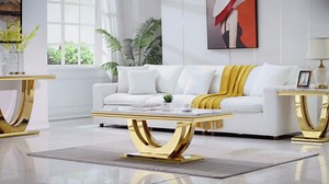Marble Console Table with U-Shape Stainless Steel Base - Modern Faux Marble Rectangular Entryway Tables, Accent Table for Living Room, Hallway, Entrance - Gold & White