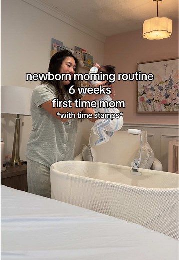 Our 9AM newborn morning routine for our 6 week old☀️ This video includes time stamps so you can see exactly how we break it down step by step ⏰ Feed, play, diaper change, and nap- the basics of our baby’s morning schedule as first time parents 👶🍼 This is what we aim for on a good day… but let’s be real- just two days ago she ate in the car and napped at the soccer fields 🤷‍♀️ Every day with a newborn looks different, and that’s totally normal! Sharing our 9AM routine in case it gives another