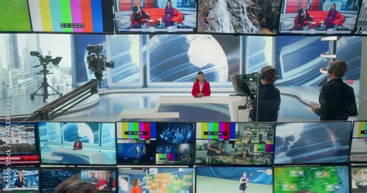 TV Station Production Control Room Runs a Live Cable News Broadcast as Operators Switch Studio Cameras, Monitor Multiview Screens. Displays Show Anchor Shots, Weather Maps, and Sports Coverage.