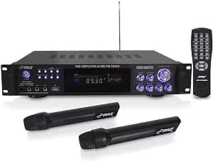 4- Channel Home Audio Power Amplifier - 1000 Watt Stereo Receiver w/Speaker Selector, AM FM Radio, USB, Headphone, 2 Wireless Mics for Karaoke, Great for Home Entertainment System - Pyle PWMA1003T