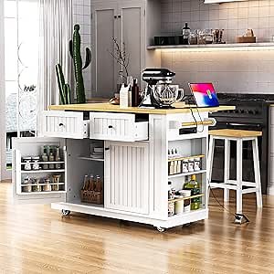 Rolling Kitchen Island with 2 Bar Stools, Drop Leaf & Power Outlet, 48" Kitchen Islands Cart on Wheels, Mobile Island Table with Seating, Storage Cabinet, Drawers and Towel Rack (White)