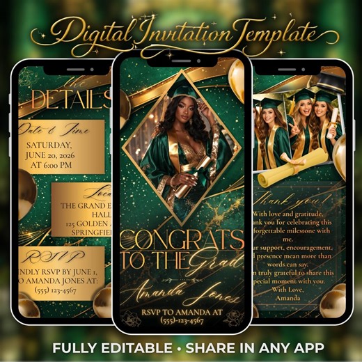 Emerald and Gold Graduation Invitation Template, Class of 2026 Grad Party, Digital Download - Etsy