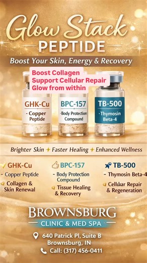 ✨Meet our Glow Stack—a powerful peptide blend designed to support: ✨ Brighter, healthier skin ✨ Improved energy & recovery ✨ Better sleep & mood ✨ Anti-aging from the inside out” ✨ Glow isn’t just skincare—it’s cellular ✨ Our Glow Stack peptide supports skin, energy, recovery, and overall wellness from the inside out. #GlowStack #PeptideTherapy #InsideOutGlow #MedSpaWellness #agebackwards | Brownsburg Clinic and Med Spa
