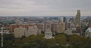 NYC New York Aerial v245 drone flyover Morningside Heights on the West Side of Upper Manhattan capturing riverside park and Midtown cityscape on the skyline - Shot with Inspire 3 8k - September 2023