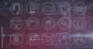 Business icons including headset, cloud, and calendar over digital network animation
