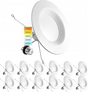 LUXRITE 5/6 Inch LED Recessed Retrofit Downlight, 14W=90W, CCT Color Selectable 2700K | 3000K | 3500K | 4000K | 5000K, Dimmable Can Light, 1100 Lumens, Wet Rated, Energy Star, Baffle Trim (12 Pack)