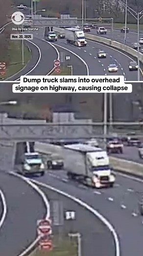 A dump truck collided into overhead signage on Interstate 70 in Columbus, Ohio last week, causing the structure to collapse as cars drove underneath — some narrowly missing the fallen pieces. Police shut down the highway for crews to remove and repair the signs. No injuries were reported. | CBS News