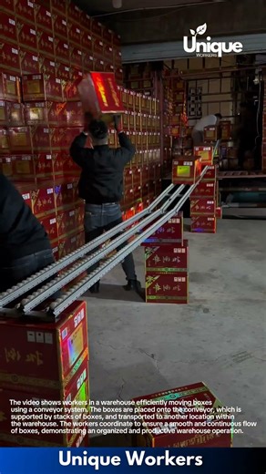 Efficient Warehouse Operation: Workers Moving Boxes on a Conveyor System