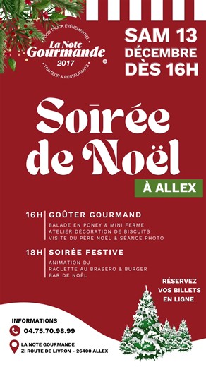 La Note Gourmande on Instagram: "𝑪'𝑬𝑺𝑻 𝑶𝑭𝑭𝑰𝑪𝑰𝑬𝑳 ! Le programme de notre grande soirée de Noël du samedi 13 décembre à La Note Gourmande est enfin là ! 😊 Dès 16h, venez profiter d’un goûter gourmand et de nombreuses animations pour les enfants : ✨Balade en poney & mini ferme de @ecurie_equation ✨Visite du Père Noël ✨Atelier décoration de biscuits. La soirée continuera dans une ambiance festive animé par DJ Régis d'Equaliz Animation autour du feu avec raclette au brasero et burger de 