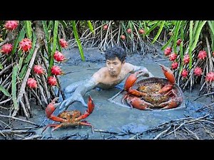 life in jungle. Catching a rock crab and finding a dragon fruit on the mountain