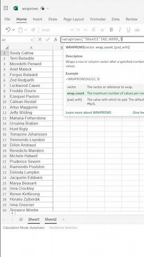 WRAPROWS Function in Excel (Explained in 30 Seconds) #shorts #excel