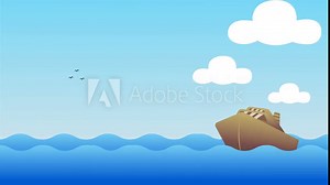 Boat on the sea, A ship floating in blue waves in ocean, beach background, cartoon sailboat floating, cartoon, 4K 2D animation