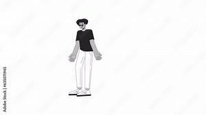 Latino man clumsy falling down bw outline 2D character animation. Sunglasses guy falls monochrome linear cartoon 4K video. Hispanic young adult man slipped animated person isolated on white background
