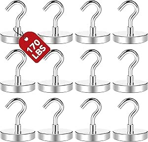 12 Pack Heavy Duty Magnetic Hooks, 150LBS Strong Neodymium Magnet Hook for Refrigerator Storage Office and Garage 36mm(1.41inch) in Diameter