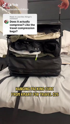 Replying to @Just Bec things Kmart hanging packing cube for travel test! In my opinion it does a great job and being able to hang it uo so easily is great. My tip is combine it with some smaller cubes for items like undies and socks. #kmart #packing #travel #travelhacks